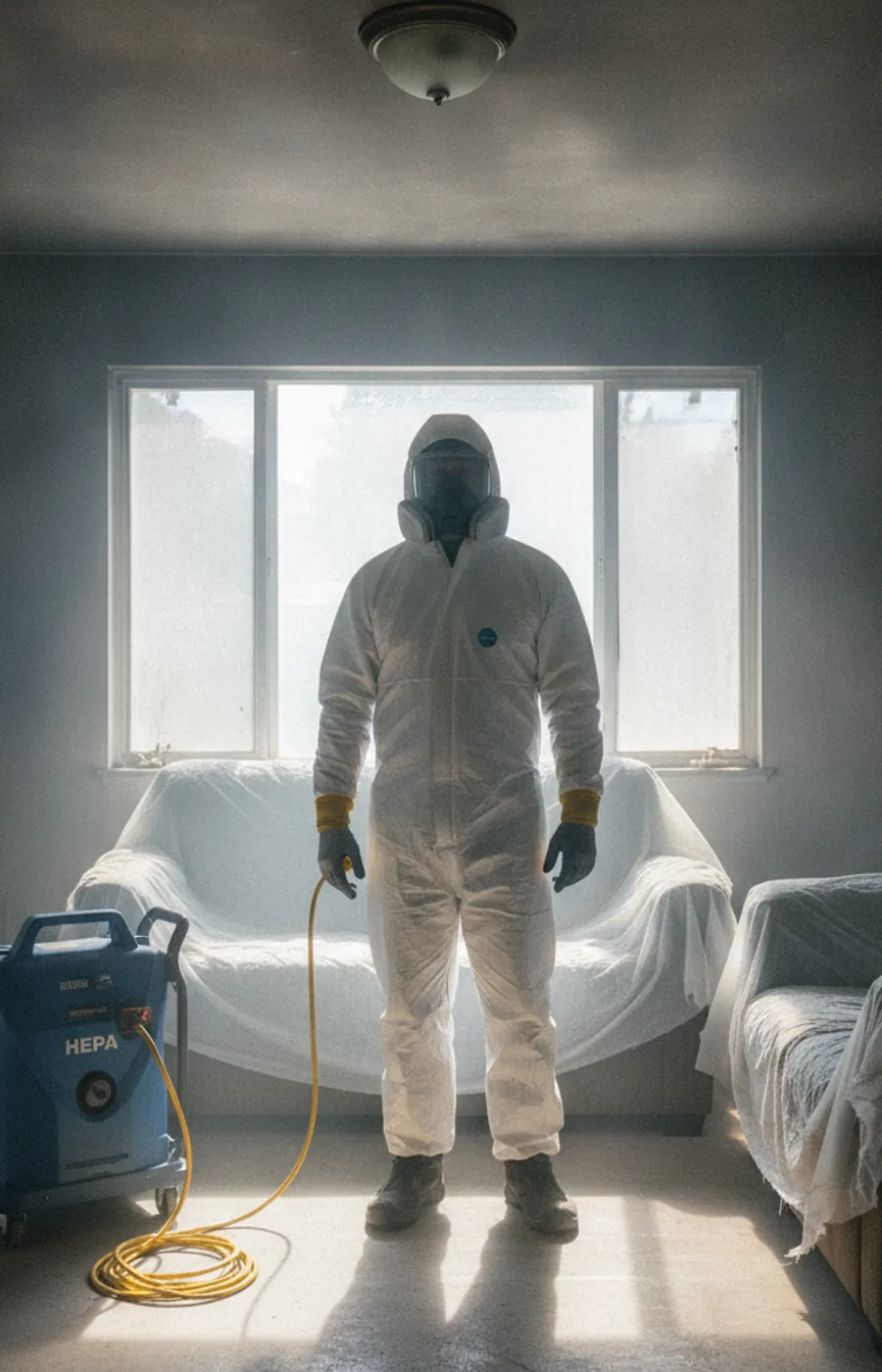 Fire restoration technician in PPE cleaning smoke damage in a Santa Clarita home